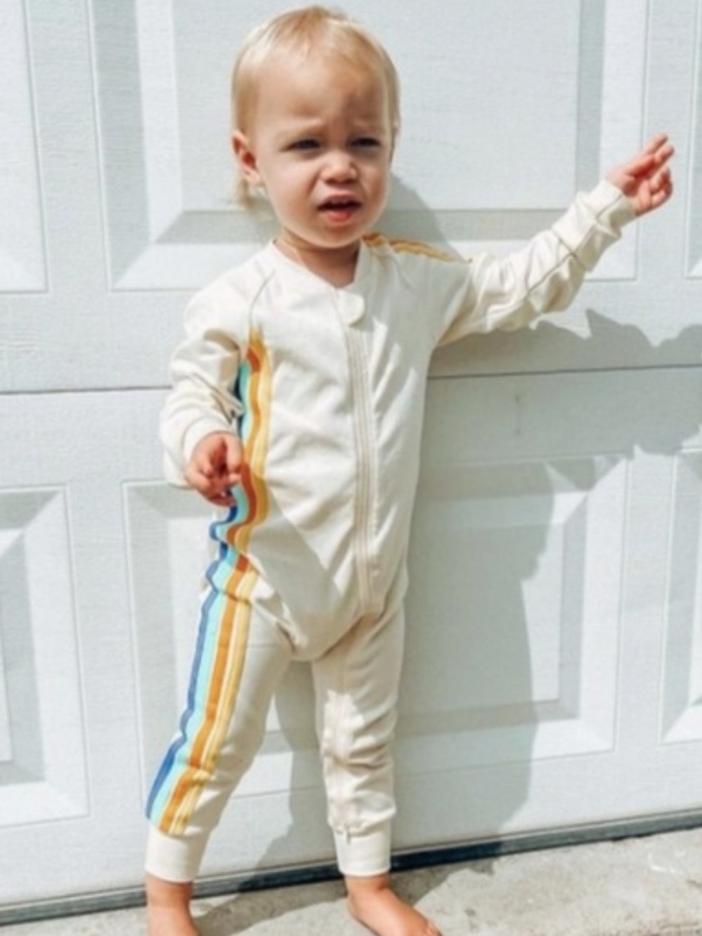 Cream Zip-Front Kids One-Piece Bodysuit with Rainbow Side Stripes